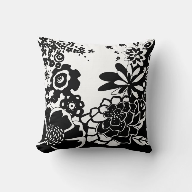 Black and White Floral Garden Graphic Pattern Throw Pillow (Front)
