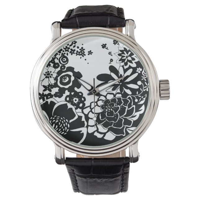 Black and White Floral Garden Graphic Pattern Watch (Front)