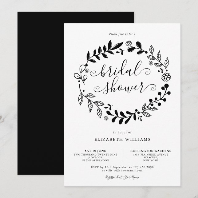 Black and White Floral Garland Bridal Shower Invitation (Front/Back)