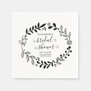Black and White Floral Garland Bridal Shower Napkin