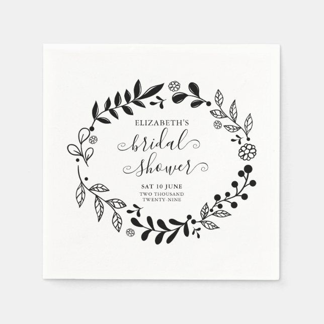 Black and White Floral Garland Bridal Shower Napkin (Front)