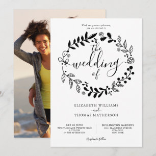 Black and White Floral Garland Photo Wedding Invit Invitation