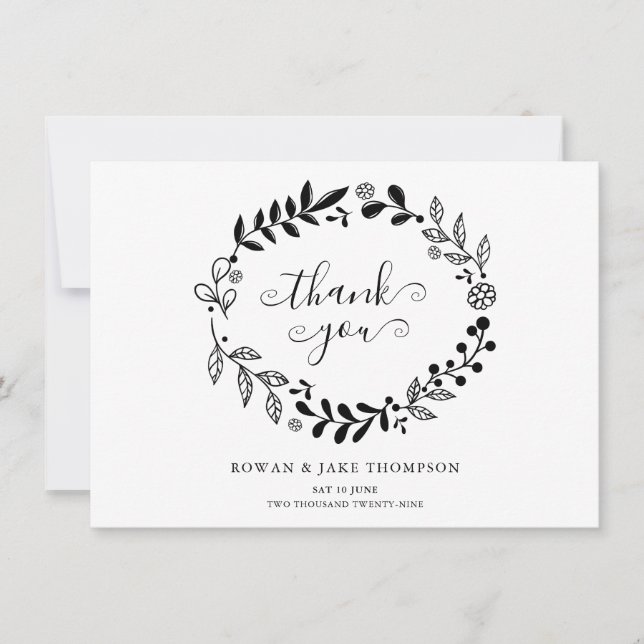Black and White Floral Garland Wedding Thank You (Front)