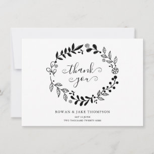 Black and White Floral Garland Wedding Thank You Card