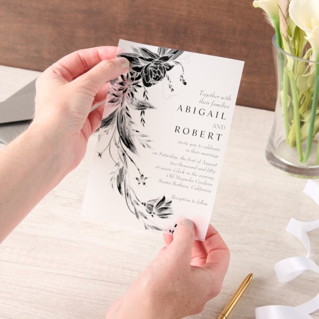 Black and white floral garland wedding vellum invitations (Handheld)