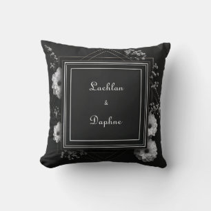 Black and White Floral Geometric Gold Frame Throw Pillow