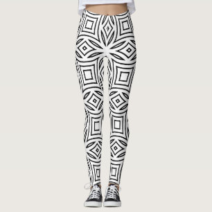 Black and white floral geometric pattern leggings