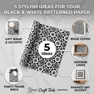 Black and White Floral Geometric Tile Pattern Wrapping Paper Sheet