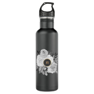 Black And White Floral Gold Statement Monogram 710 Ml Water Bottle