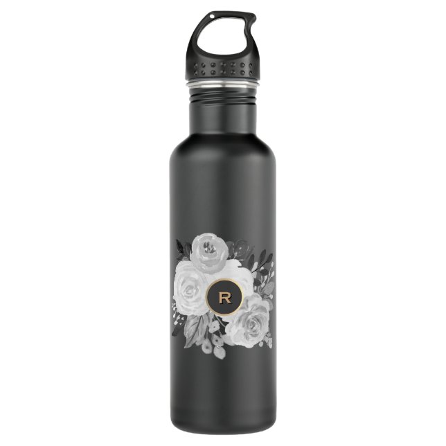 Black And White Floral Gold Statement Monogram 710 Ml Water Bottle (Front)