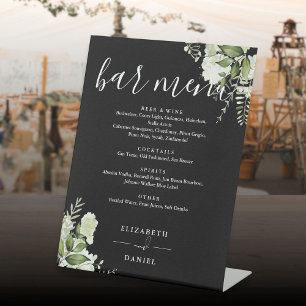 Black And White Floral Greenery Wedding Bar Menu Pedestal Sign
