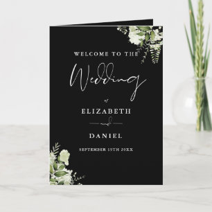 Black And White Floral Greenery Wedding  Program