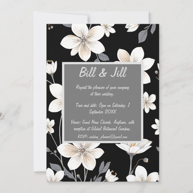 Black and White Floral Grey Text Box Wedding Invitation (Front)