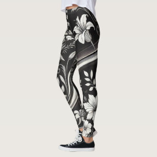 Black and White Floral Gym Wear Leggings