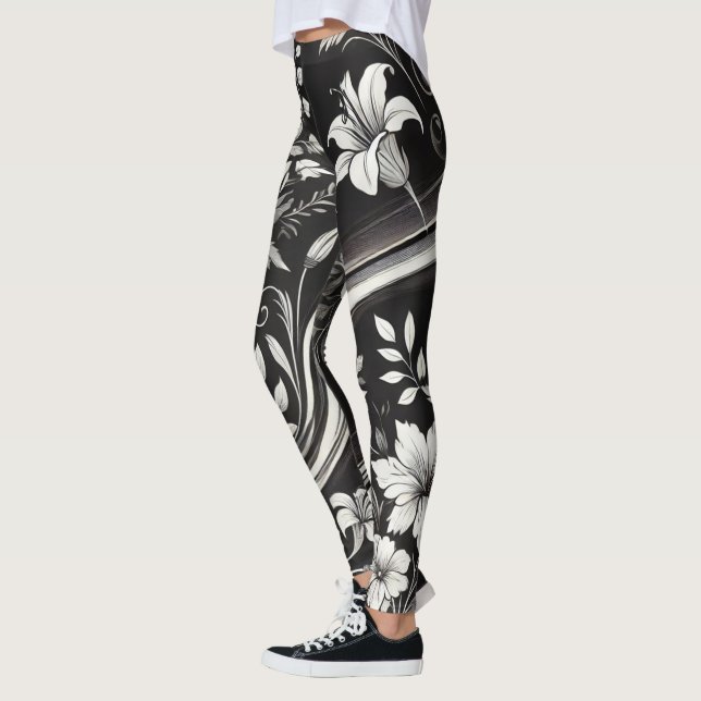 Black and White Floral Gym Wear Leggings (Left)