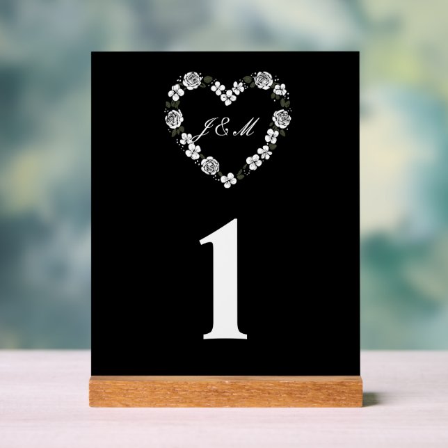  Black and White Floral Heart Acrylic Wedding Sign (Neutral)