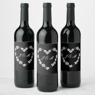 Black and White Floral Heart Monogram Wedding Wine Label