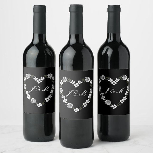 Black and White Floral Heart Monogram Wedding Wine Label (Bottles)