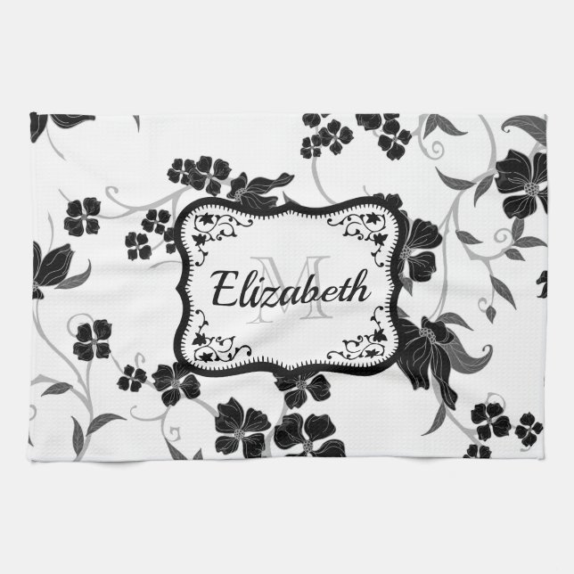 Black and White Floral Kitchen Towel (Horizontal)