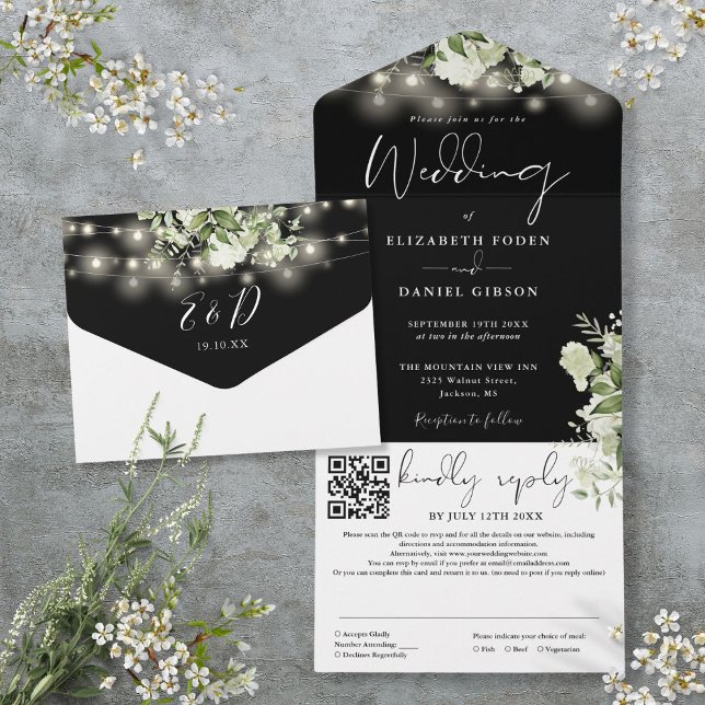 Black And White Floral Lights QR Code Wedding All In One Invitation (Black And White Floral Lights QR Code Wedding All In One Invitation)