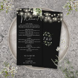 Black And White Floral Lights Wedding Dinner Menu<br><div class="desc">This elegant black and white floral greenery string lights wedding menu can be personalized with your information in chic typography with your monogram initials on the reverse. Designed by Thisisnotme©</div>