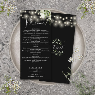 Black And White Floral Lights Wedding Dinner Menu