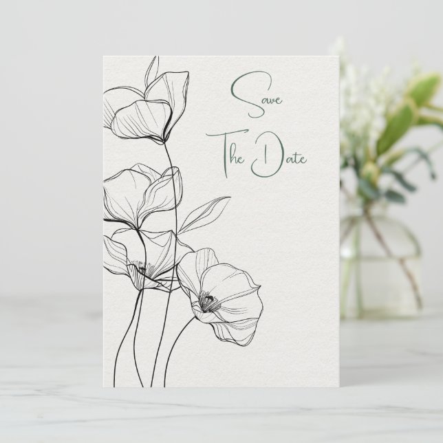 Black and White Floral Line Art on Ivory Save The Date (Standing Front)