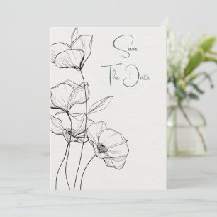 Black and White Floral Line Art on Ivory Save The Date
