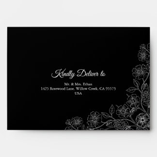 Black and White Floral Line Art Wedding  Envelope