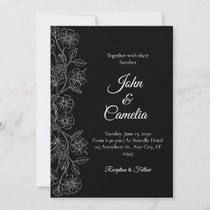 Black and White Floral Line Art Wedding  Invitation