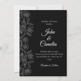 Black and White Floral Line Art Wedding  Invitation