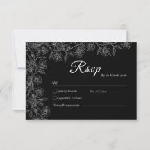 Black and White Floral Line Art Wedding RSVP Card