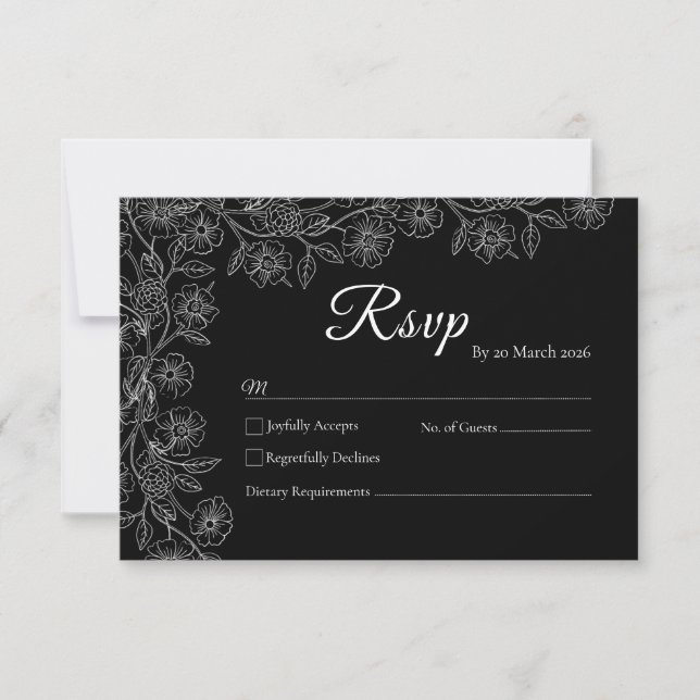 Black and White Floral Line Art Wedding RSVP Card (Front)