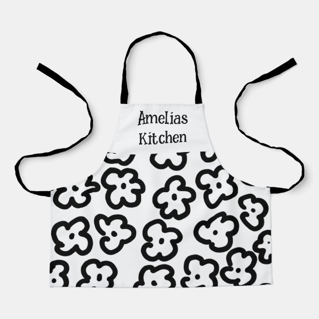 Black and White Floral Modern Abstract Apron (Front)