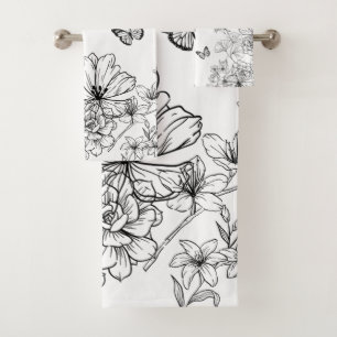 Black and White Floral Nature Pattern Minimalist Bath Towel Set