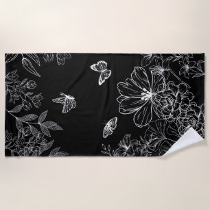 Black and White Floral Nature Pattern Minimalist Beach Towel