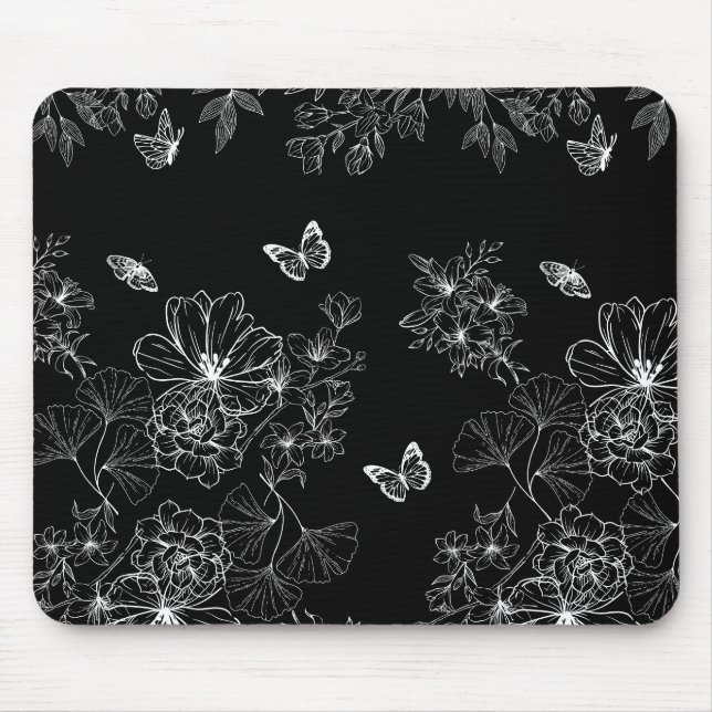 Black and White Floral Nature Pattern Minimalist Mouse Pad (Front)