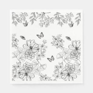 Black and White Floral Nature Pattern Minimalist Napkin