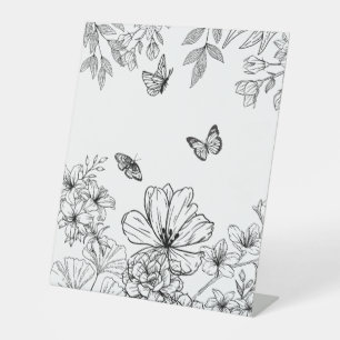 Black and White Floral Nature Pattern Minimalist Pedestal Sign