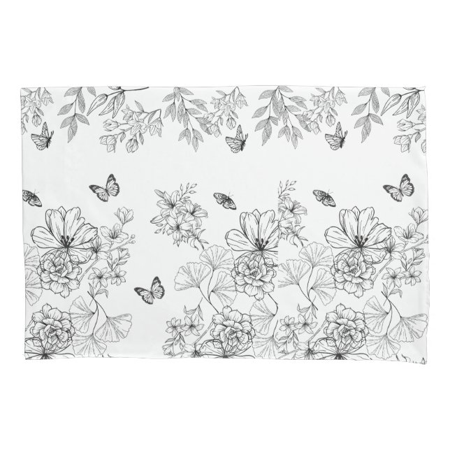 Black and White Floral Nature Pattern Minimalist Pillowcase (Front)