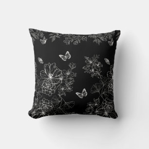 Black and White Floral Nature Pattern Minimalist Throw Pillow