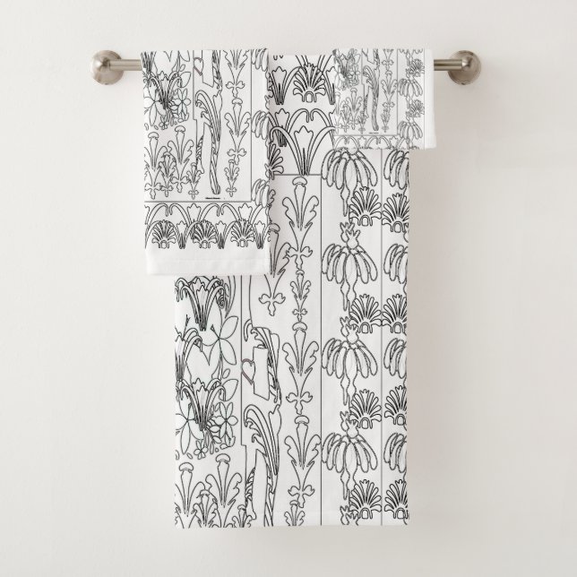 Black And White Floral Outline 3 Piece  Bath Towel Set (Insitu)