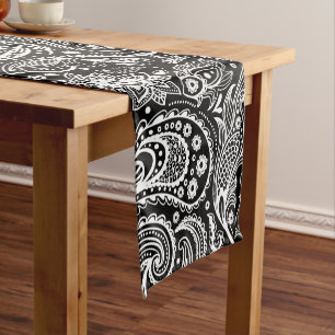 Black And White Floral Paisley Pattern Short Table Runner