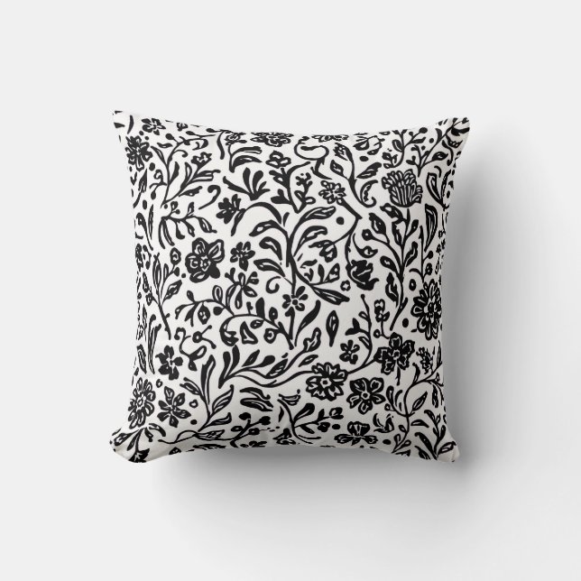 Black and White Floral Pattern Accent Throw Pillow (Front)
