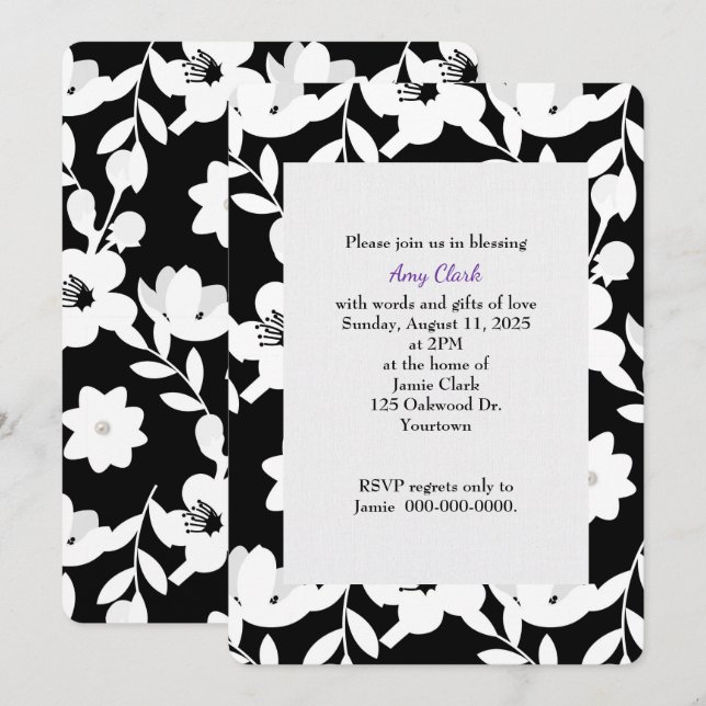 black and white floral pattern bridal shower invitation (Front/Back)
