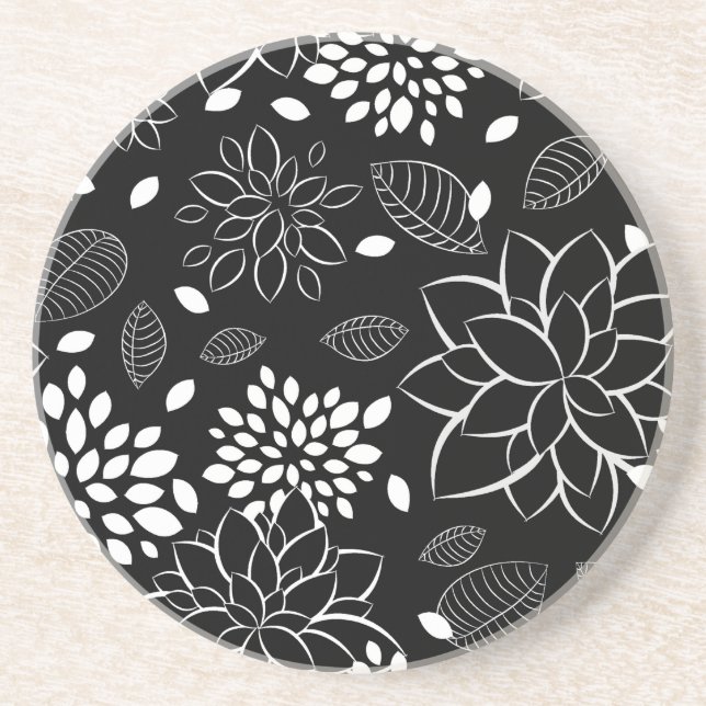 Black and White Floral Pattern Coaster (Front)
