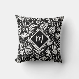 Black and White Floral Pattern Diamond Monogram Throw Pillow
