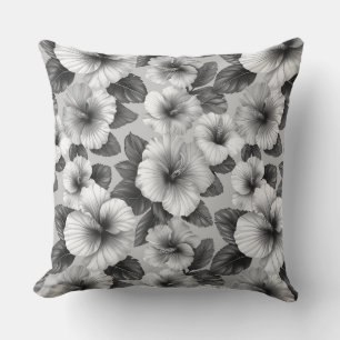 Black and white floral pattern hibiscus flowers throw pillow