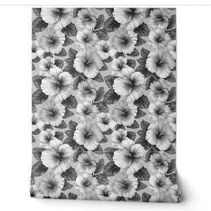 Black and white floral pattern hibiscus flowers wallpaper