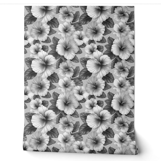 Black and white floral pattern hibiscus flowers wallpaper (Unrolling)